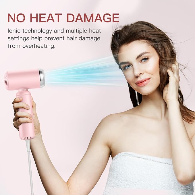 Webeauty Mini Hair Dryer with Diffuser, 110,000RPM High-Speed Motor, 200M Negative Ions Protect, 3-Temp & 2-Speed Settings, Lightweight Travel-Friendly Blow Dryer with Magnetic Attachments (Pink)