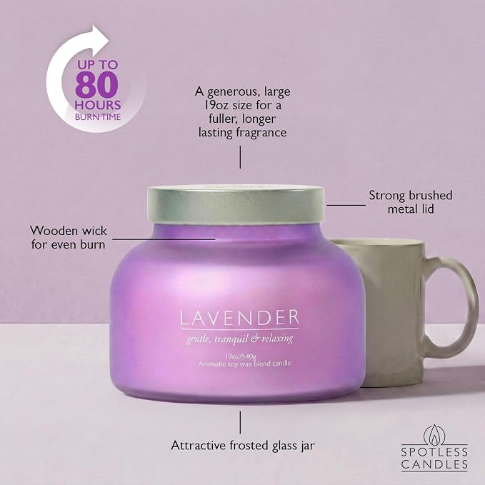 Lavender Candle 19oz Volcano Jar with Wooden Wick Upto 75 Hours Burn Time in a Large 4" x 5" Solid Purple Glass Jar in a Luxury Gold Foil Gift Box