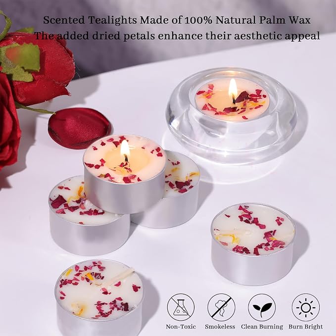 16 Pcs Rose Scented Tealight Candles, 6H Long Burning - 100% Palm Wax Based Scented Tea Lights with Dried Flowers, Non-Toxic/Smokeless Scented Tea Lights Candles for Spa, Bath, Wedding, Valentine