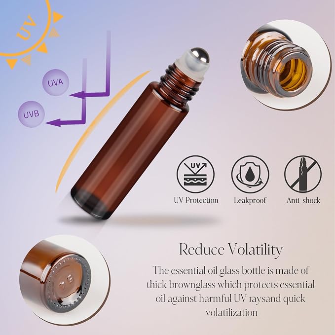 10ml Roller Bottles for Essential Oils, 4 Pack Glass Roll on Bottles, Refillable Perfume Bottle, with Stainless Steel Roller Balls, 2 Droppers, 1 Opener, Labels (Amber+Blue)