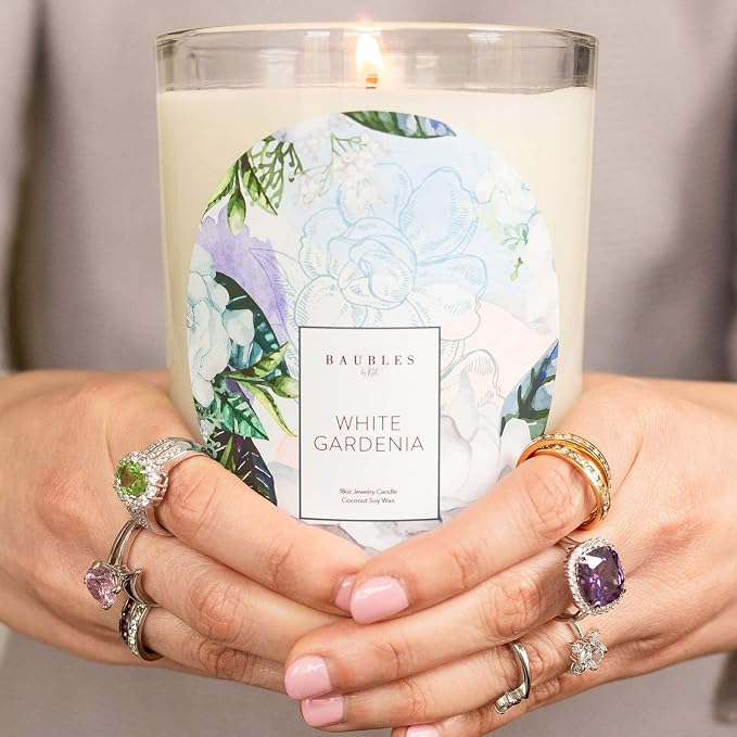 Kate Bissett Baubles White Gardenia Scented Premium Candle and Jewelry with Surprise Ring Inside | 18 oz Large Candle | Made in USA | Parrafin Free | Size 07