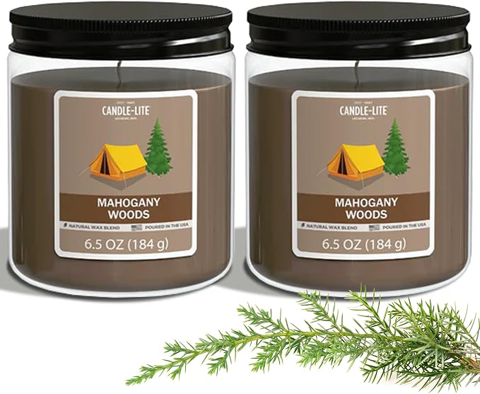 Candle-Lite 2 Pack Scented Candles, Mahogany Woods, 6.5 oz Jar, Proudly Poured in The USA, Aromatherapy Candle Set, Single-Wick with 40 Hours of Burn Time, Ideal Gift for Men and Women