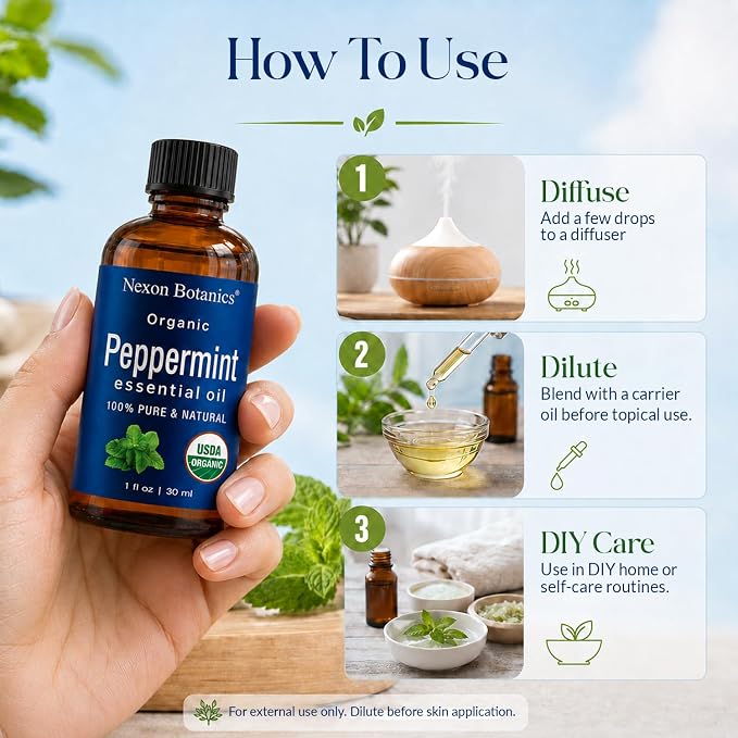 Organic Peppermint Essential Oil 30 ml - Pure, Natural Oils for Aromatherapy, Diffusers, DIY, Candle and Soap Making Scent - Nexon Botanics