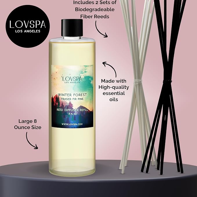 Winter Forest Reed Diffuser Oil Refill, 8 oz, Hotel Scent, Spa Aroma | Fir needles, juniper, and sandalwood profile, includes replacement reeds, room fragrance, entryway, shelf decor, powder room