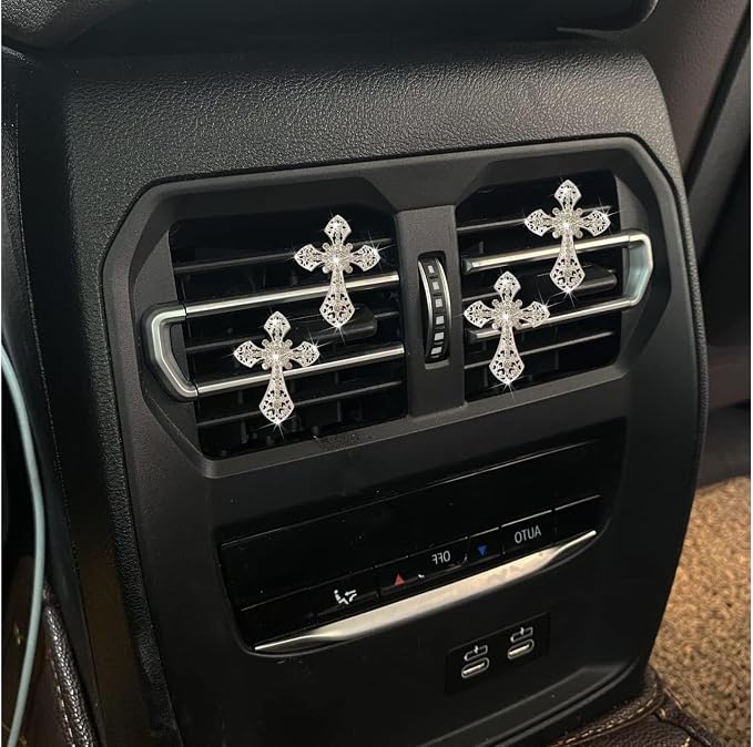4Pcs Bling Cross Air Vent Clips,Crystal Car Vent Clip,Interior Accessories,Air Fresheners Vent Clips Car Diffuser Vent Clip Rhinestone Diamond Cross Car Decoration Car Interior Decor Car Accessorie
