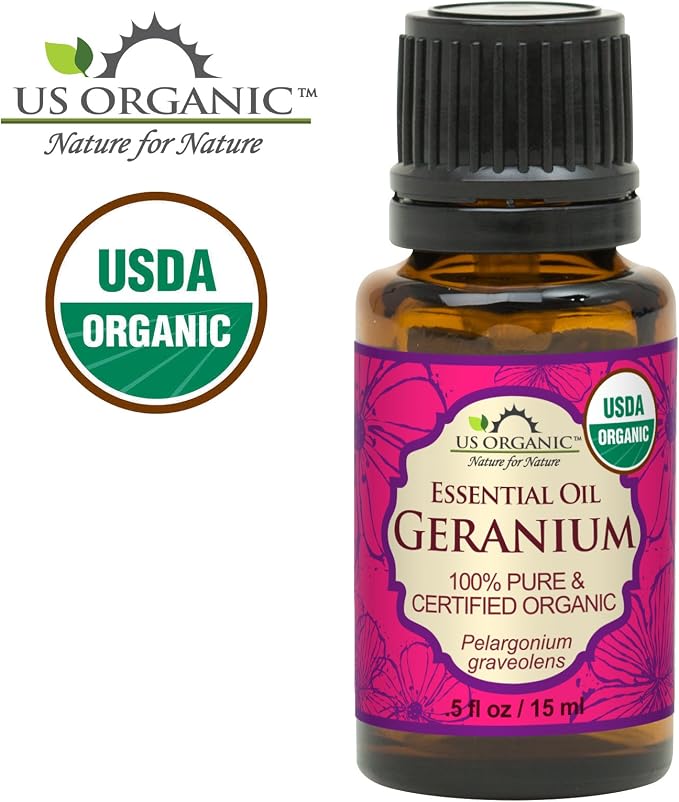US Organic 100% Pure Geranium Essential Oil - USDA Certified Organic, Steam Distilled - W/Euro droppers (More Size Variations Available) (15 ml / .5 fl oz)