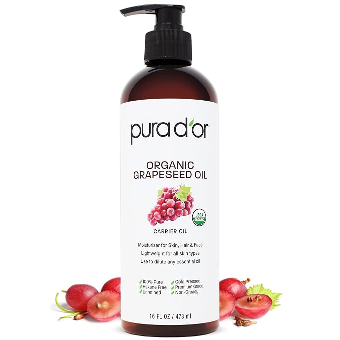 PURA D'OR ORGANIC Grapeseed Oil (16 Oz) 100% Pure & Natural USDA Certified Cold Pressed Carrier Oil For DIY Beauty - Unscented, Hexane Free Liquid Moisturizer - Face Skin & Hair