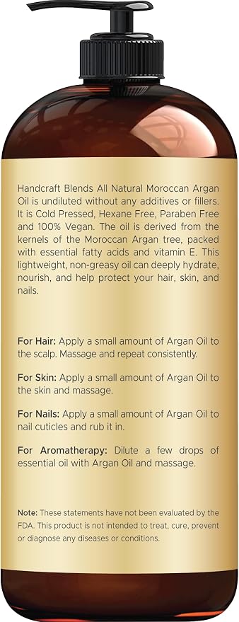 Handcraft Blends Moroccan Argan Oil - 16 Fl Oz - 100% Pure and Natural - Premium Grade Carrier Oil for Skin and Hair - Hair and Body - Massage - Cold-Pressed