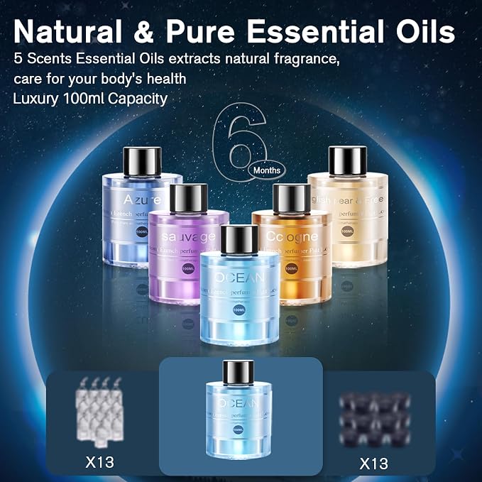 Smart Car Air Freshener, Car Air Freshener Diffuser with 100ml Perfume, Long Lasting Lasts 6 Months, RGB Music Syncing Light, Auto On/Off, 5 Adjustable Rechargeable Aroma Diffuser, Ocean