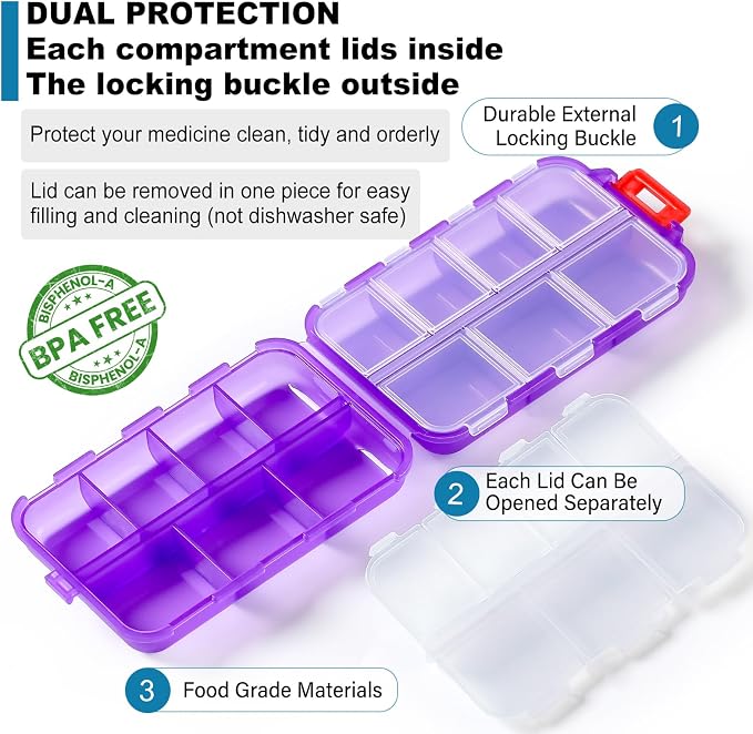 14 GRIDS Travel Pill Organizer Box with Labels - Travel Medicine Case Kit - Pocket Daily Pharmacy Container - Travel Medication Holder Dispenser for Fish Oil Vitamin Supplement Storage - Clear Purple