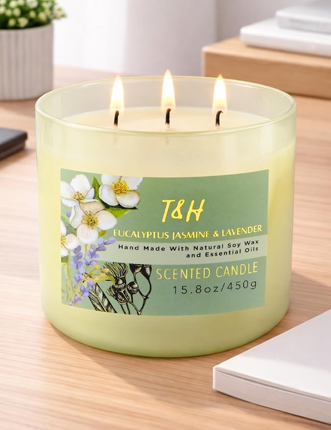 Eucalyptus Jasmine Lavender Scented Candle | 3-Wick Large Soy Candle for Home, 15.8 oz | Eucalyptus & Lavender Aromatherapy Candle | Self Care Gifts for Women, Candles for Men