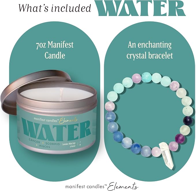 Zodiac Water Pisces Cancer Scorpio Gifts for Women, 45 Hour Burn, Zodiac Astrology Gifts Meditation Candle Healing with Crystals, Spiritual Manifestation Crystal Candle Healing Stones Bracelet