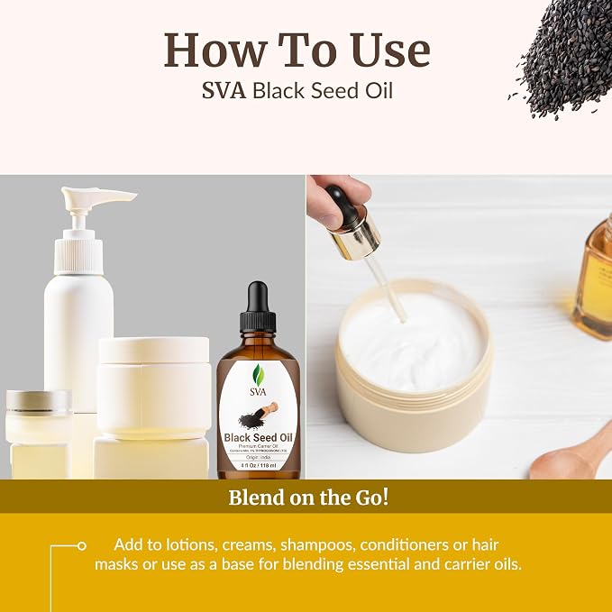 SVA Black Seed Oil - 4 Fl Oz - for Face, Skin Care, Hair Care, Scalp Massage & Body Massage – Carrier Oil with Dropper