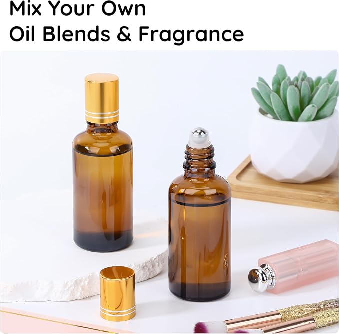 Segbeauty 1.7oz Thick Glass Amber Roller Bottles for Essential Oils, 5pcs Travel Roll On Perfume Bottles, 50ml Refillable Roller Ball Applicator for Eye Essence, Empty Rollerball Bottle for Castor Oil