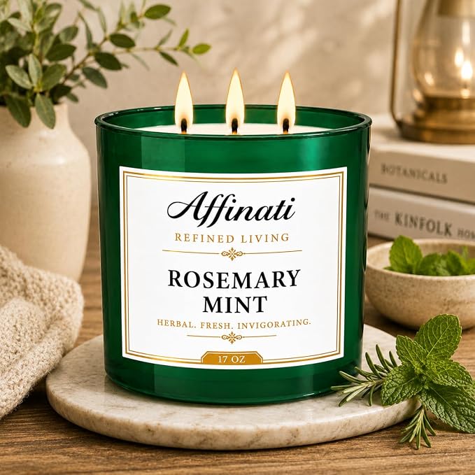 Affinati Rosemary Mint 3 Wick Scented Candle – Large Soy Blend Candle, Strong Scent Throw Fresh Herbal Spa Aromatherapy Candles for Home, Premium Room Odor Eliminator Gift
