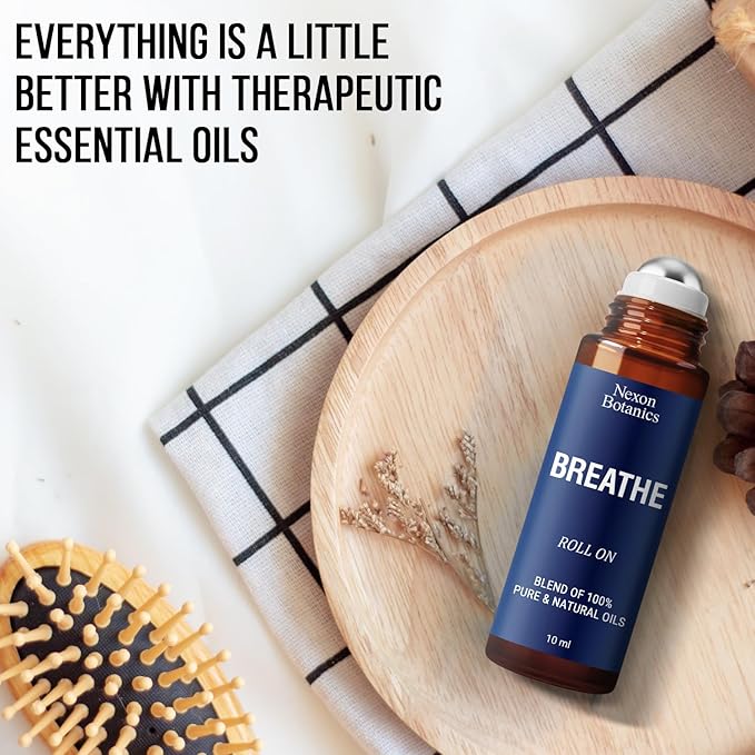 Breathe Essential Oil Roll-On 10 ml - Pure Eucalyptus, Peppermint & Rosemary Oils Blend Roller for Clear Breathing & Respiratory Support - Nexon Botanics