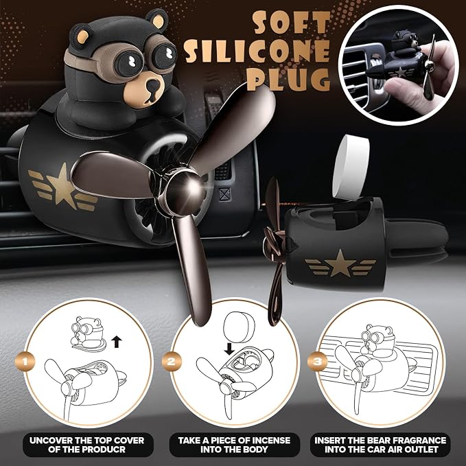 Car Vent Clips - Bear Pilot Car Air Freshener Vent Clip with Rotating Propeller, Durable and Easy to Install, 2.1"x2.5"x2.4" Versatile Size, 2 Aroma Tablets Included, Adds a Playful Touch to Interior