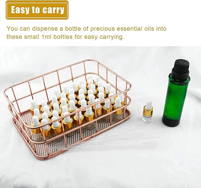 Sample Dropper Bottles, Mini Dropper Bottles with 2 Pcs Plastic Droppers for Traveling Essential Oils DIY Cosmetic Liquid Sample Perfume (Gold, 1ML)