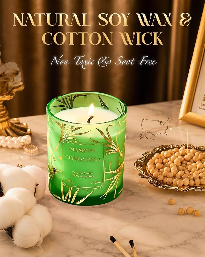 M&SENSE Citronella Soy Candle, 8.1oz 42H Non Toxic Slow Burning, Natural Refresh, Summer Scented Candles Housewarming Gifts
