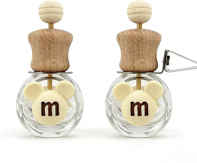 2 Pack Bear Car Vent Clip Diffuser Refillable Glass Bottle | Wood cap glass bottle with dropper, DIY essential oil freshener for car wardrobe bathroom home
