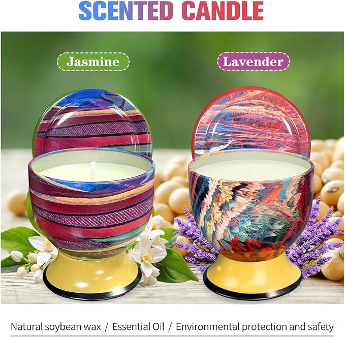 Home Aromatherapy Candles, 2 Packs of 4-Ounce Natural Soy Candles, Portable tin can Candle Set, Suitable for Travel, spa, Bathing, Yoga, Home Decoration (Jasmine, Lavender)