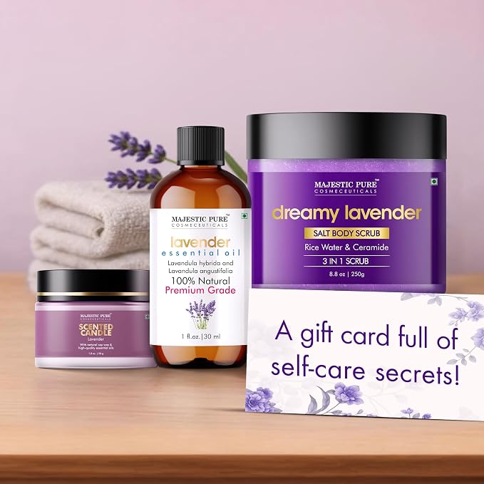 Majestic Pure Lavender Essential Oil & Body Scrub Set | 100% Pure & Natural Gift Set | Relaxing & Stress relief | pack of 3