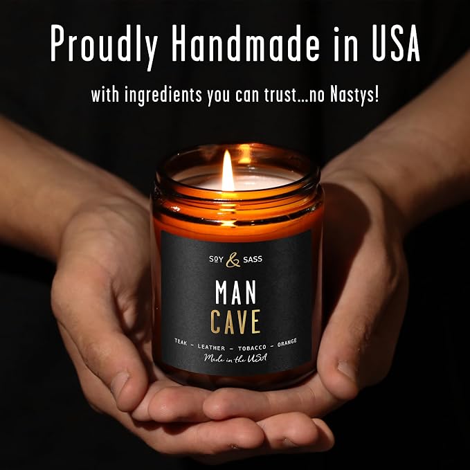 Man Cave Candle I Scented Black Candles for Men - Rich Teakwood & Tobacco Soy Wax Mens Candle - Infused w/Essential Oils | Masculine Manly Candles for Men I 50Hr Burn, 9oz I Non Toxic I Made in USA