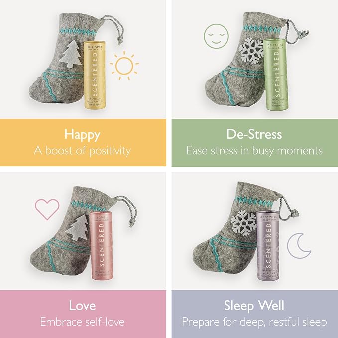 Scentered Aromatherapy Balms Christmas Stocking Gift Set (Set of 4) - Essential Oils Roll On Balms for Sleep, Stress Relief, Emotional Wellbeing & Positivity - Self-Care Stocking Stuffers for Women