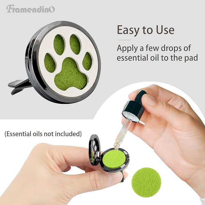 Framendino, 1 Pack Dog Paw Print Essential Car Oil Diffuser with 10 Felt Refill Pads Aromatherapy AIR Freshener Vent Clip Lockets for Men Women Gifts Black
