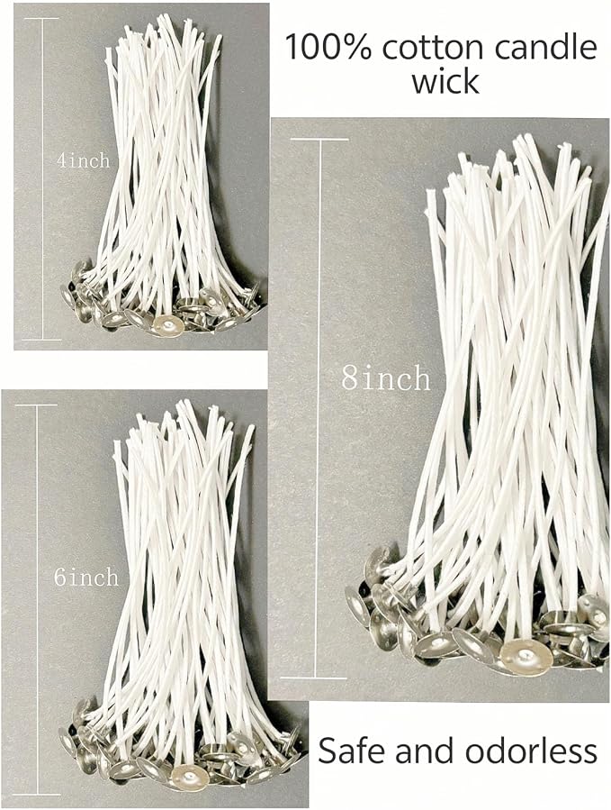 30Pcs Candle Wicks 4 Inch,40Pcs Candle Wicks 6Inch,30Pcs Candle Wicks 8 Inch,100pcs Candle Wick Stickers,Candle Wick Centering Device,20 Pcs Metal Sustainer Tabs,5pcs Candle Wick