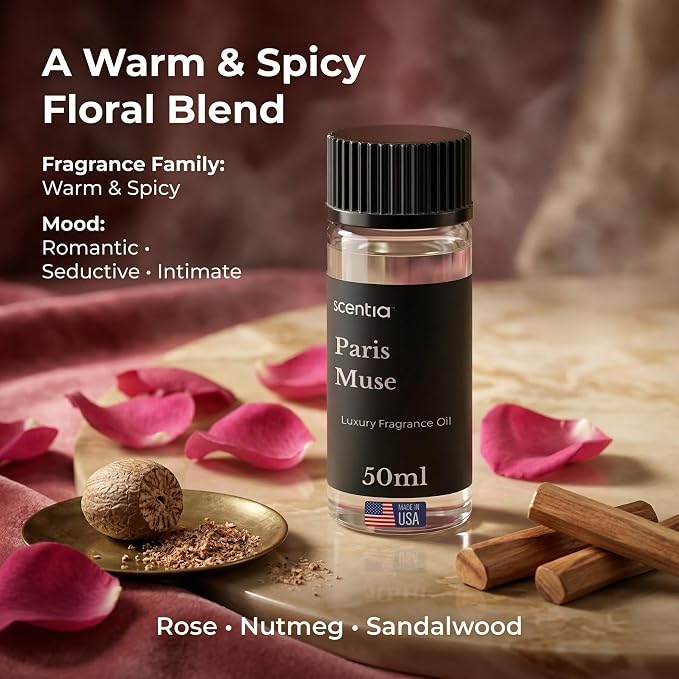 Scentia Paris Muse Hotel Scent Diffuser Oil – Luxury Fragrance Inspired by Hotel Costes Paris – 50 mL – Rose, Sandalwood & Clove Essential Oil Blend for Home, Office & Aromatherapy Diffusers