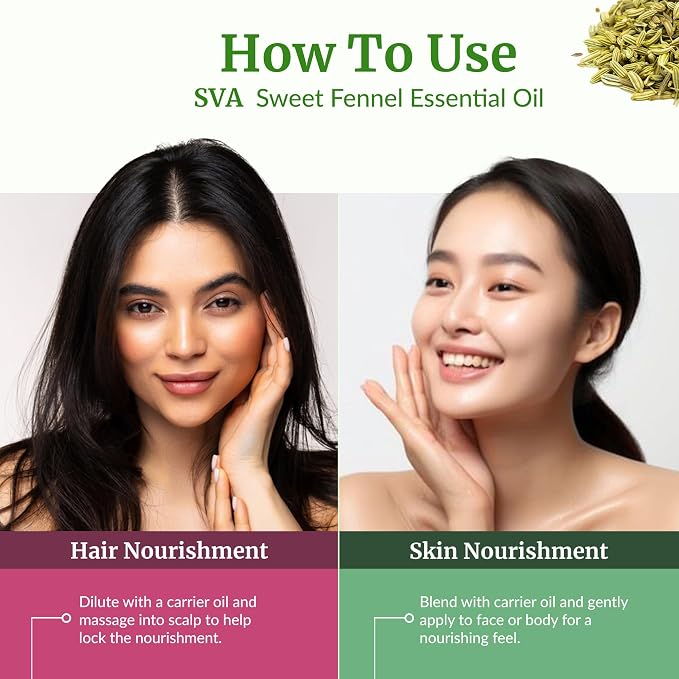 SVA Sweet Fennel Essential Oil – 4 Fl Oz – 100% Natural Fennel Oil - for Diffuser, Hair Care, Face, Skin Care, Aromatherapy, Scalp and Body Massage, Soap and Candle Making – with Dropper