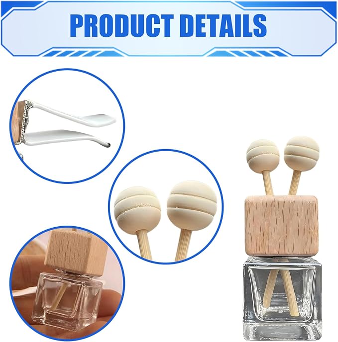 2 PCS Car Vent Diffuser Bottles, Refillable Glass Bottle with Wooden Stick Air Vent Clip, Empty Bottle Car Diffuser, Universal for Most Vehicles (Transparent)