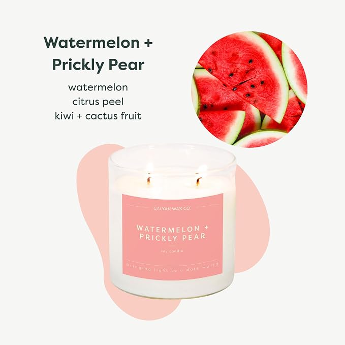 Calyan Wax Co. Watermelon & Prickly Pear 2 Wick Scented Candle - 37 Hour Burn - Luxury Clean Soy Wax Candles - Long Lasting Large Glass Jar Candle for Home - 8.8oz