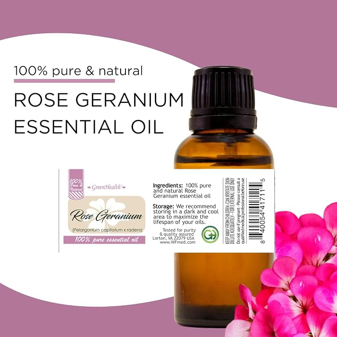 GreenHealth Rose Geranium Essential Oil - 4 fl oz Amber Glass Bottle - 100% Pure Essential Oil