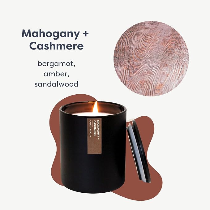 Calyan Wax Co. Mahogany & Cashmere Scented Candle - 75 Hour Burn - Luxury Clean Soy Wax Candles - Long Lasting Black Tumbler Jar Candle for Home - 10.2oz