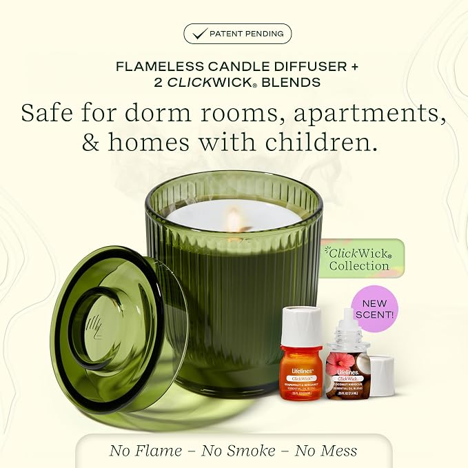 Lifelines Flameless Candle Aromatherapy Essential Oil Diffuser with 2 ClickWick Essential Oil Blends - Cordless & Waterless Diffuser for Home - Scented Electric Candles Blow Out Flame - Olive Jar