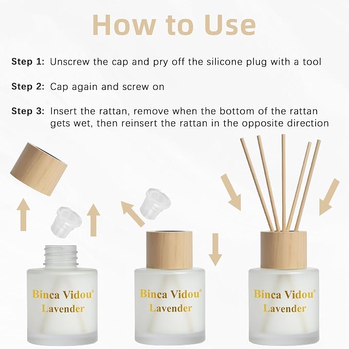 Reed Diffuser Set of 3, Binca Vidou Natural Scent Oil Diffusers with Sticks for Home Office Bathroom Aromatherapy Decor 1.69oz x 3(Lavender, Linen & Jasmine)