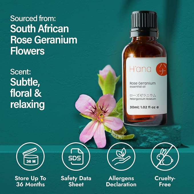 H'ana Rose Geranium Oil - 1.02 Fl Oz Rose Geranium Essential Oil for Hair, Skin, Diffuser, Aromatherapy & DIY
