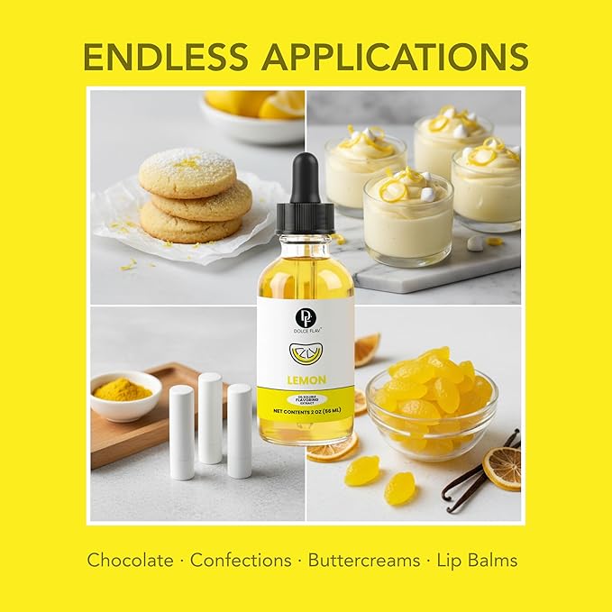 Lemon Flavor Concentrate for Food & Cosmetics – 2 Oz. Multipurpose Lemon Flavouring Oil for Lip Gloss, Pastries, & Candies in Glass Bottle – Confection & Candy Flavoring Oils by Dolce Foglia (Keto)
