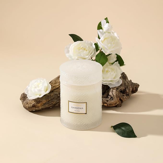 Gardenia Candle - White Floral Fragrance | 19 oz Large Soy Wax Candle in Embossed Glass Jar | Long Lasting Decorative Candle for Home Decor Gift for Women