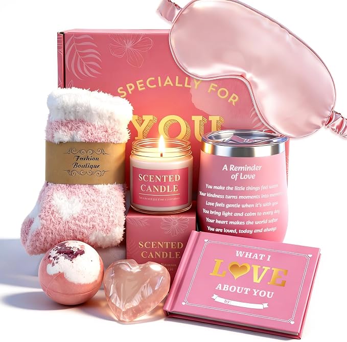 Gift Basket Birthday Gifts Set for Wife Women Unique Self Care Gift Box With Thermos cups,Heart Handmade Soap,Eye masks Valentines Day Spa Mothers Day Gift for Her Girlfriend Mom Sister Daughter