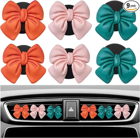 KVAEY 9 PCS Pink Bow Car Air Freshener, Automotive Cute Pink Bow Air Outlet Clips with Scent Pieces, Universal Coquette Car Air Vent Diffuser for Women and Girls (Orange+Pink+Dark Blue)