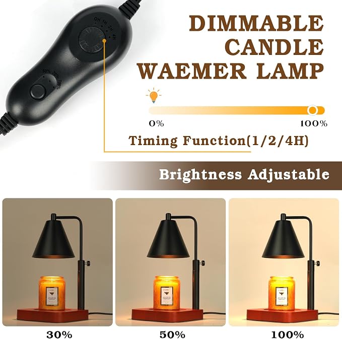 Modern Candle Warmer Lamp with Timer, Black Candle Lamp Warmer for Jar Candles, Mothers Day Birthday Gifts for Women, Dad, Men, Adjustable Metal Candle Lamp Dimmable, Vintage Home Decor, 2*35Watt Bulb