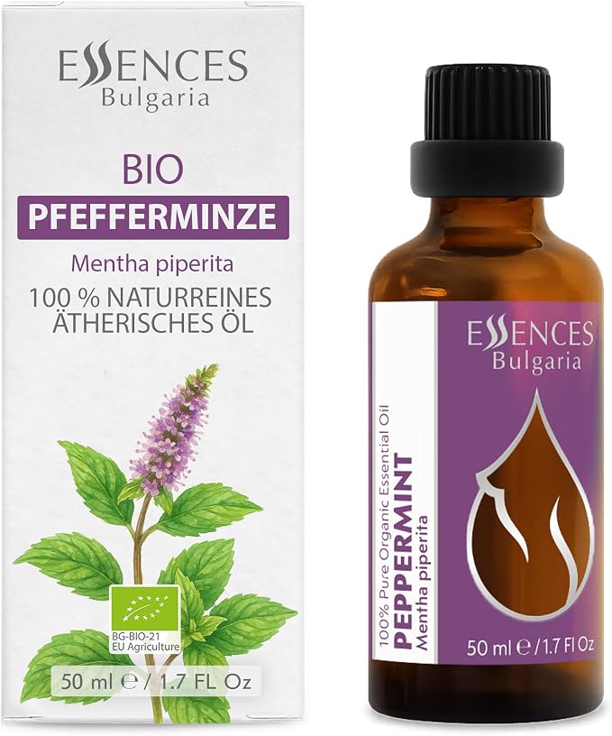 Essences Bulgaria Organic Peppermint Essential Oil 1,7 Fl Oz | 50ml | Mentha piperita | 100% Pure and Natural | Undiluted | Therapeutic Grade | Family Owned Farm | Steam-Distilled | Non-GMO | Vegan