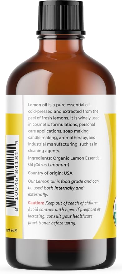 Viva Doria Lemon Essential Oil, USDA Certified, Organic Lemon Oil, 100% Pure, Natural Essential Oil, Undiluted, for Aromatherapy | Food Grade, 118 mL (4 Fluid Ounce)