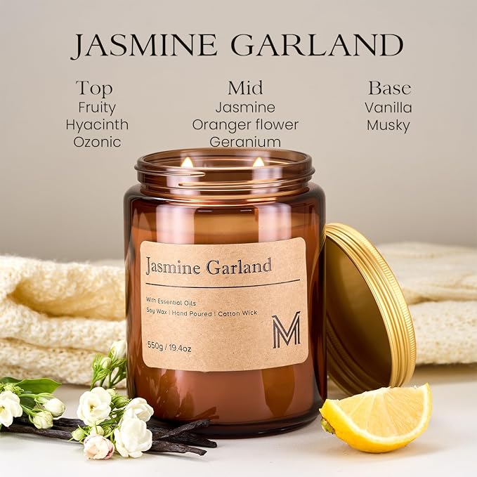 M&SENSE Jasmine Garland Scented Large Candle, 19.4oz Aromatherapy Candle for Home Fragrance, Natural Organic Soy Wax Long-Lasting for Stress Relief, Yoga, Gifting for Birthday, Housewarming