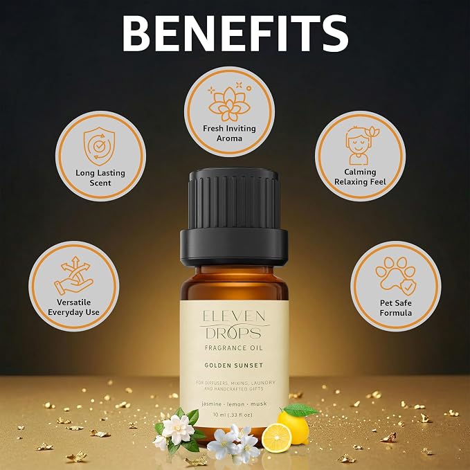 Golden Sunset Fragrance Oil | Jasmine, Lemon & Musk Notes | Long Lasting Scent Reed Diffuser Oil for Home, Office, Hotel, Spa, Car & Linen Spray | Pet Friendly IFRA Compliant, 10 ml