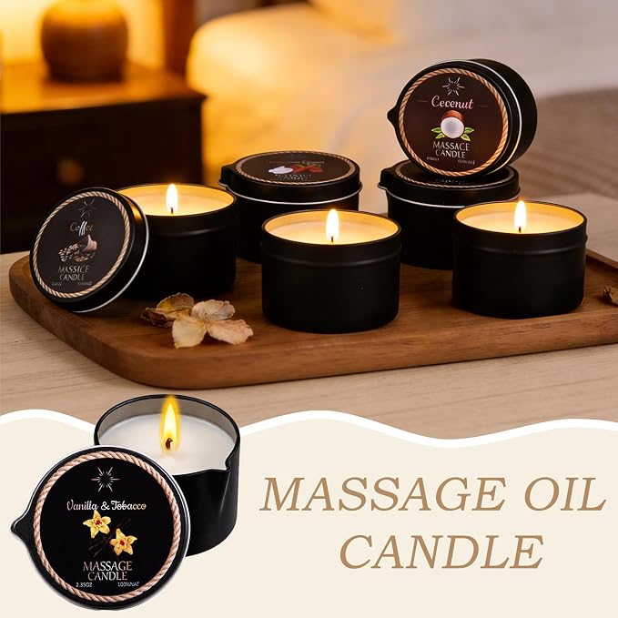 6 Pack Low Temperature Massage Oil Candle Set - Soy Wax that Melts Into Skin Nourishing Body Oil Massage Candle for Home Spa, Massage Therapy, Relaxation - Natural - 2.35 oz Each