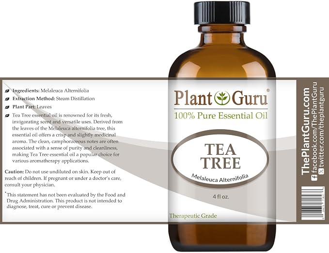Tea Tree Essential Oil 4 oz. 100% Pure Undiluted Therapeutic Grade Extract of Melaleuca Alternifolia for Skin, Body, Hair Growth, Scalp Dandruff, Acne and Aromatherapy Diffuser Humidifier